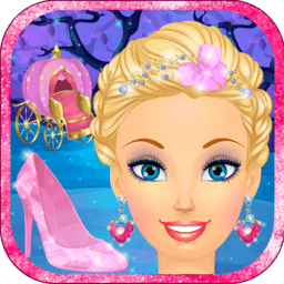 Cinderella princess makeover game icon with blonde heroine in a blue ball gown