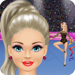 Gymnastics game icon with champion gymnast in sparkling competition outfit