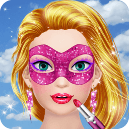Hero Girl game icon with powerful superhero in colorful mask and armor