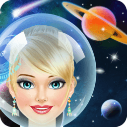 Space Girl game icon with stylish astronaut heroine and glowing stars