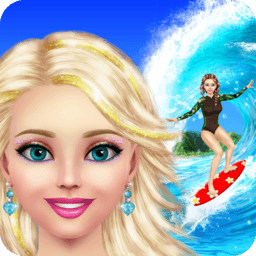 Surfer Girl game icon with stylish beach surfer in summer outfit