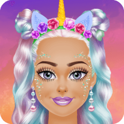 Unicorn Fashion Girl game icon with stylish doll in pastel rainbow look