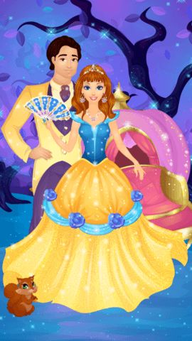 Dress up scene with ball gowns, glass slippers, and accessories