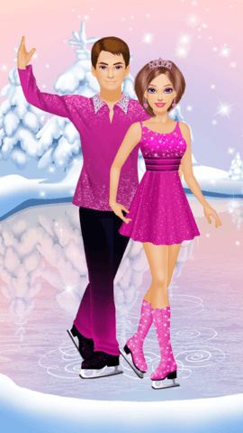 Dress up level with skating dresses, ice skates, and partner customization