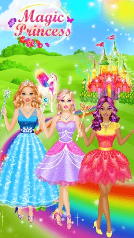 Magic Princess main menu with colorful kingdom theme and start options