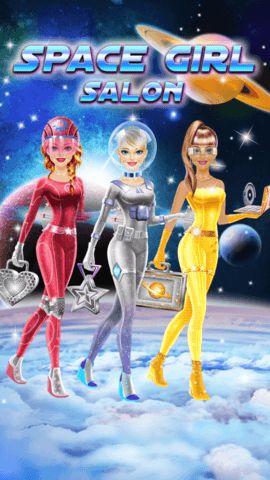 Space Girl main menu with galaxy background and play options