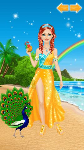 Dress up stage with floral outfits tropical accessories and animal companion