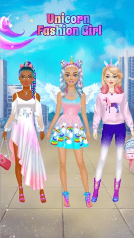 Unicorn Fashion Girl main menu with pastel rainbow theme and start options